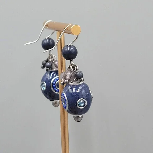 Blue Bead Pierced Earrings Crystal Silver tone Dangle 1.25 in - Picture 7 of 8